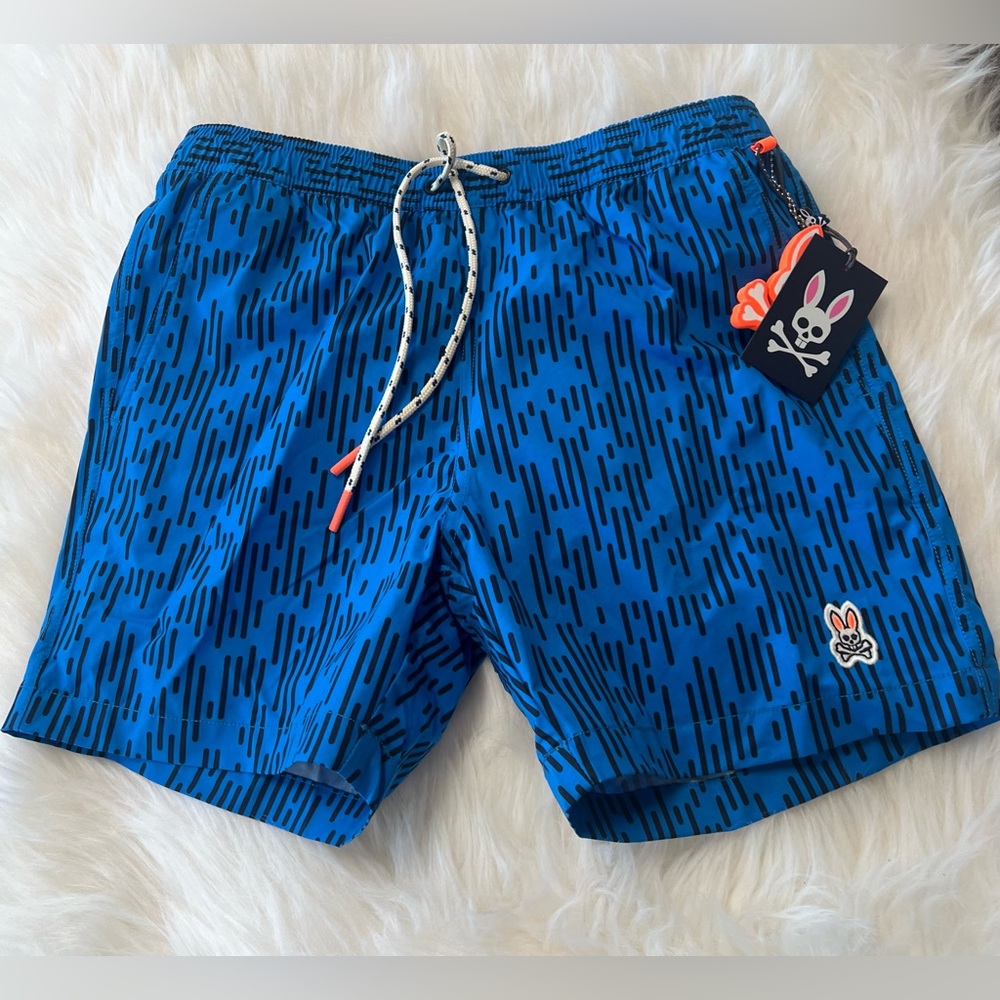 NWT Psycho Bunny Blue Swim Trunks with Abstract Pattern
